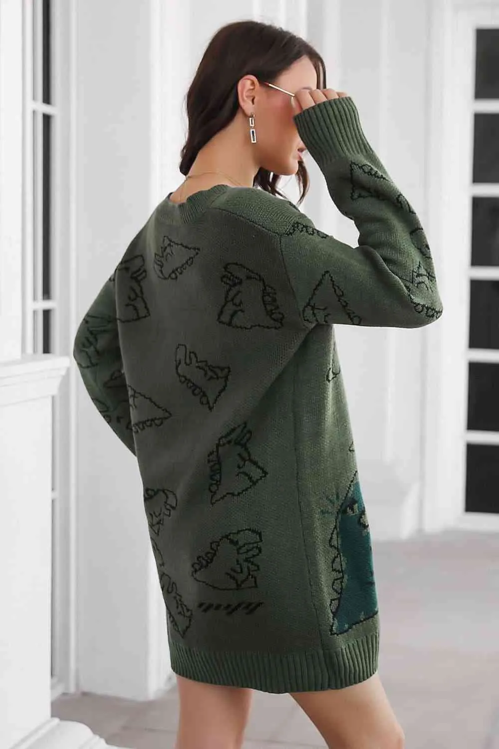 🦖 Dinosaur Pattern V-Neck Sweater Dress 🦖