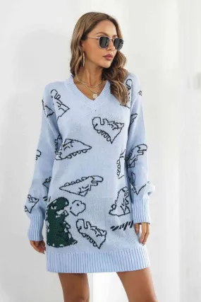 🦖 Dinosaur Pattern V-Neck Sweater Dress 🦖