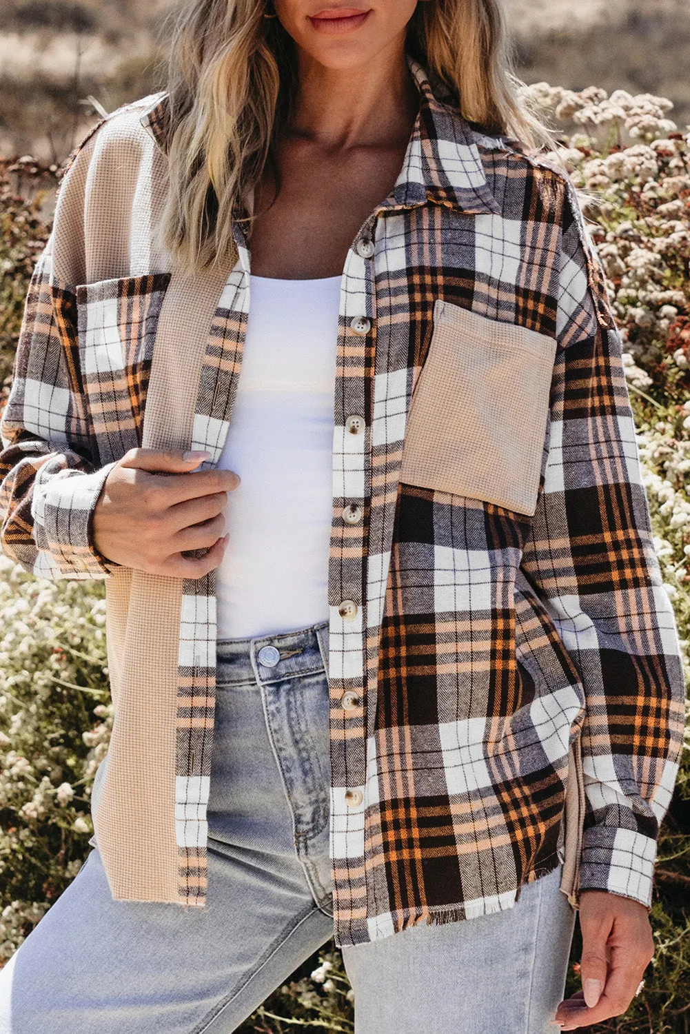 💀💎 Khaki Plaid Knit Patchwork Chest Pocket Jacket – Because Why Settle for Boring? 💋