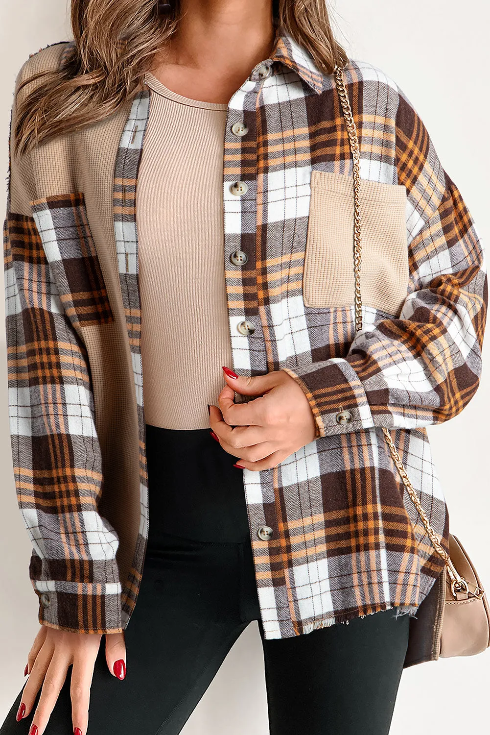 💀💎 Khaki Plaid Knit Patchwork Chest Pocket Jacket – Because Why Settle for Boring? 💋