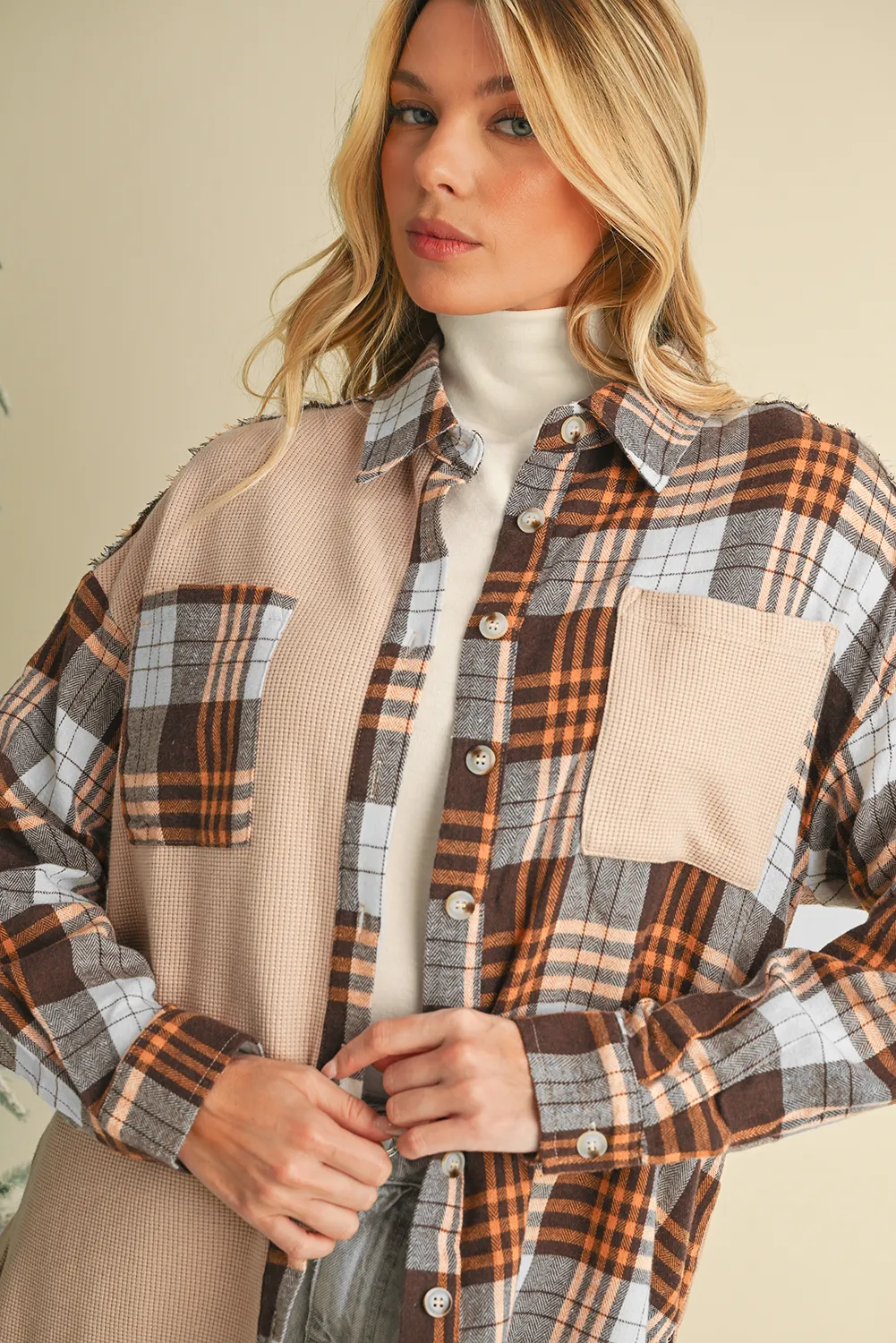 💀💎 Khaki Plaid Knit Patchwork Chest Pocket Jacket – Because Why Settle for Boring? 💋