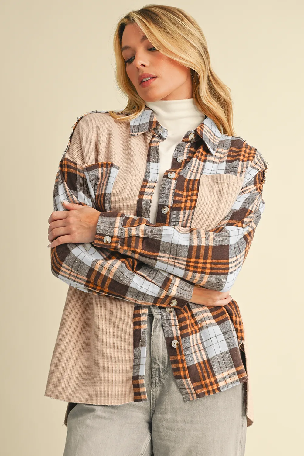 💀💎 Khaki Plaid Knit Patchwork Chest Pocket Jacket – Because Why Settle for Boring? 💋