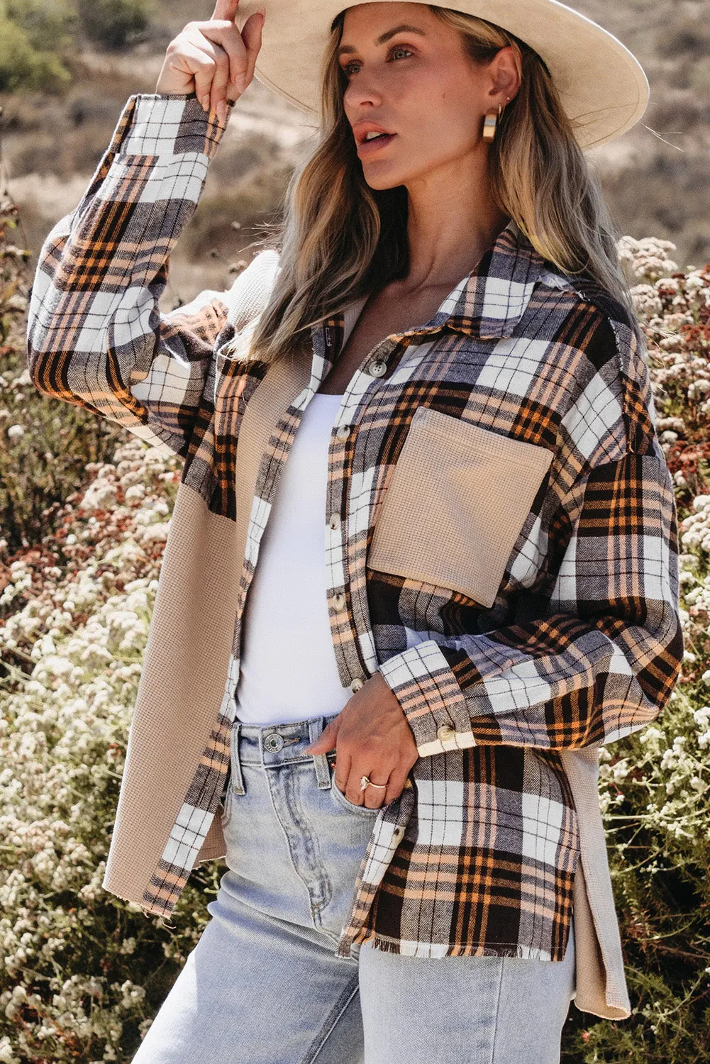 💀💎 Khaki Plaid Knit Patchwork Chest Pocket Jacket – Because Why Settle for Boring? 💋