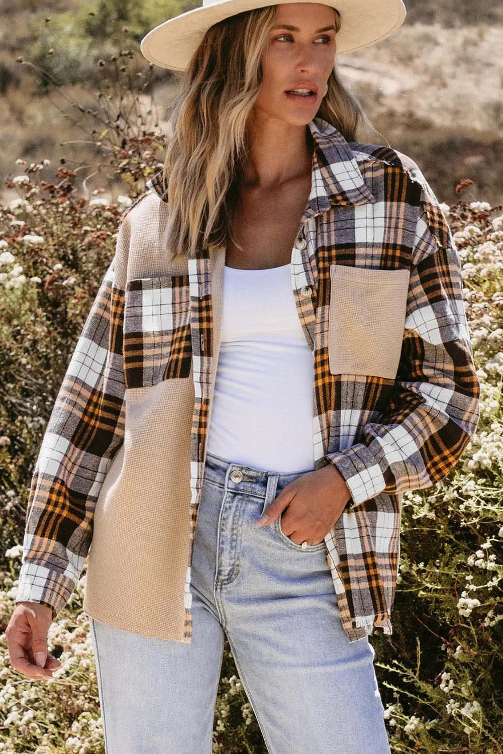 💀💎 Khaki Plaid Knit Patchwork Chest Pocket Jacket – Because Why Settle for Boring? 💋