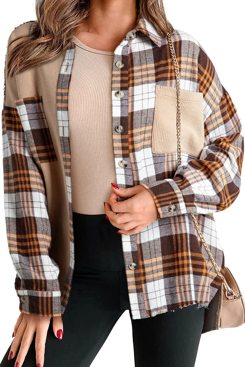 💀💎 Khaki Plaid Knit Patchwork Chest Pocket Jacket – Because Why Settle for Boring? 💋