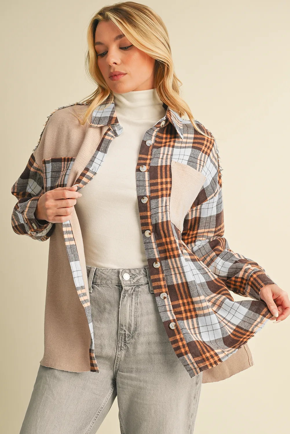 💀💎 Khaki Plaid Knit Patchwork Chest Pocket Jacket – Because Why Settle for Boring? 💋