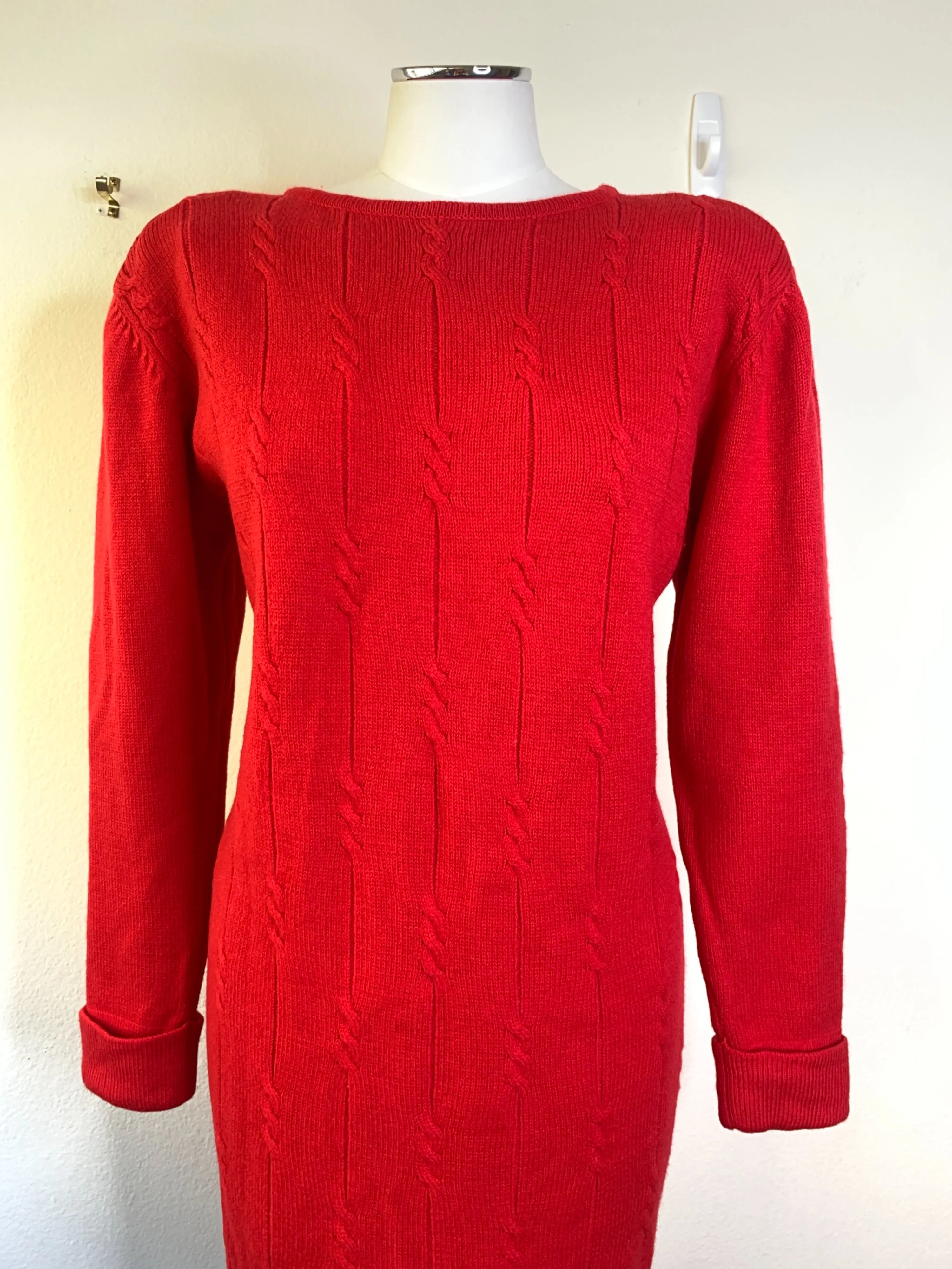 '80s Red Cable Knit Sweater Dress by Liz Claiborne