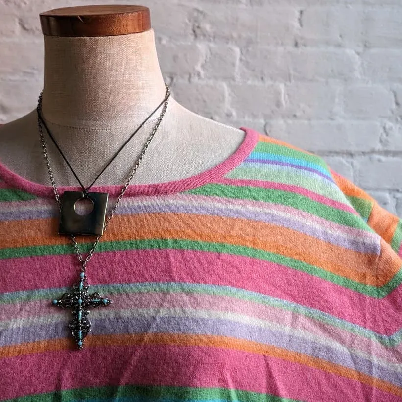 90s Vintage Cashmere Pastel Striped Sweater Groovy Granny Rainbow Oversize Top