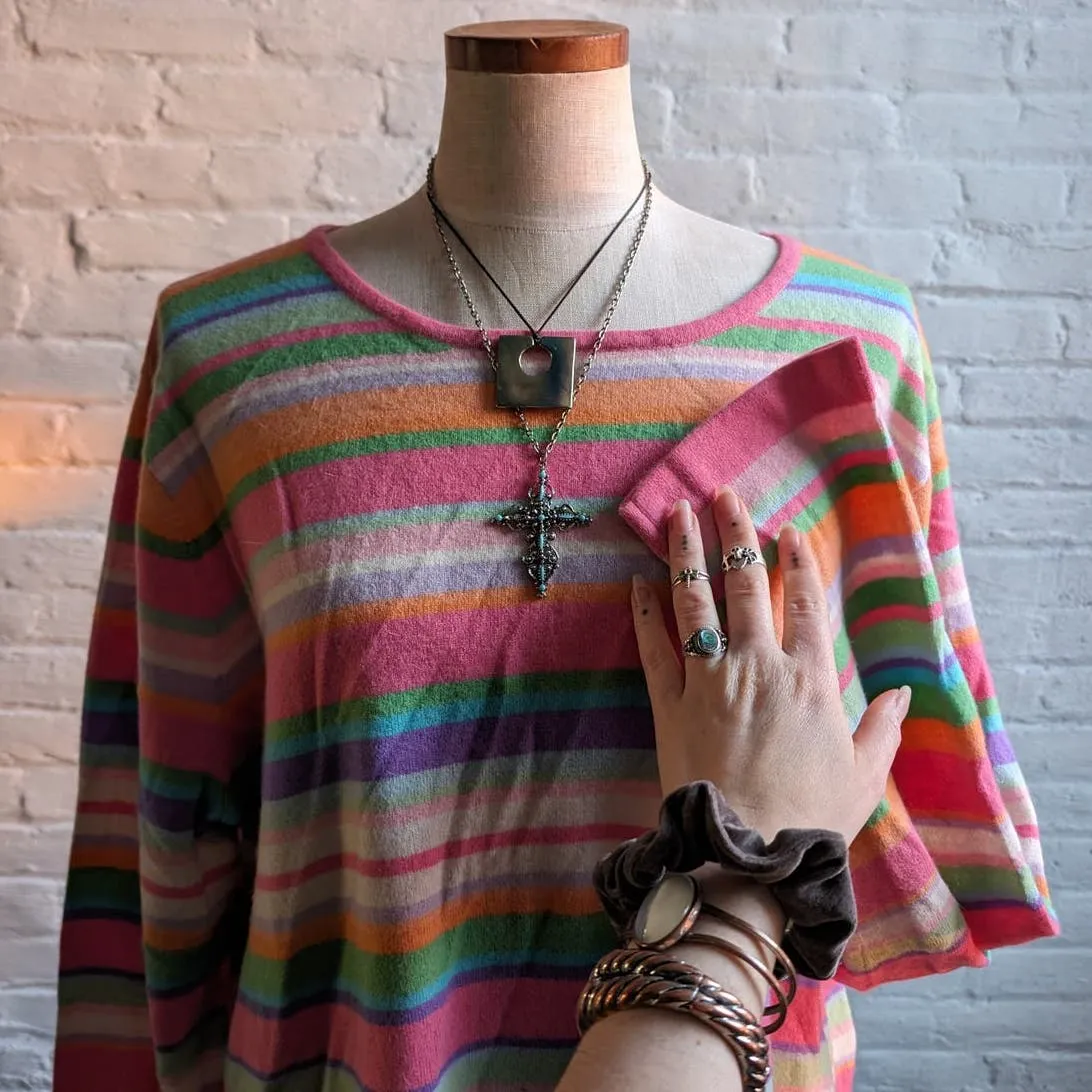 90s Vintage Cashmere Pastel Striped Sweater Groovy Granny Rainbow Oversize Top