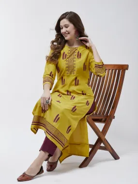 Allover Banana Leaf Printed Kurta With Contrast Pant Set