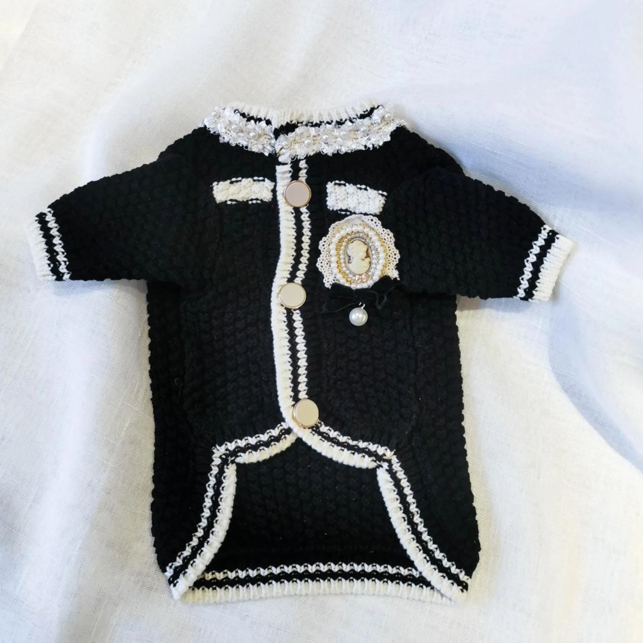 Amore Black Button Up Sweater With Pearl Detail Pet Fashion