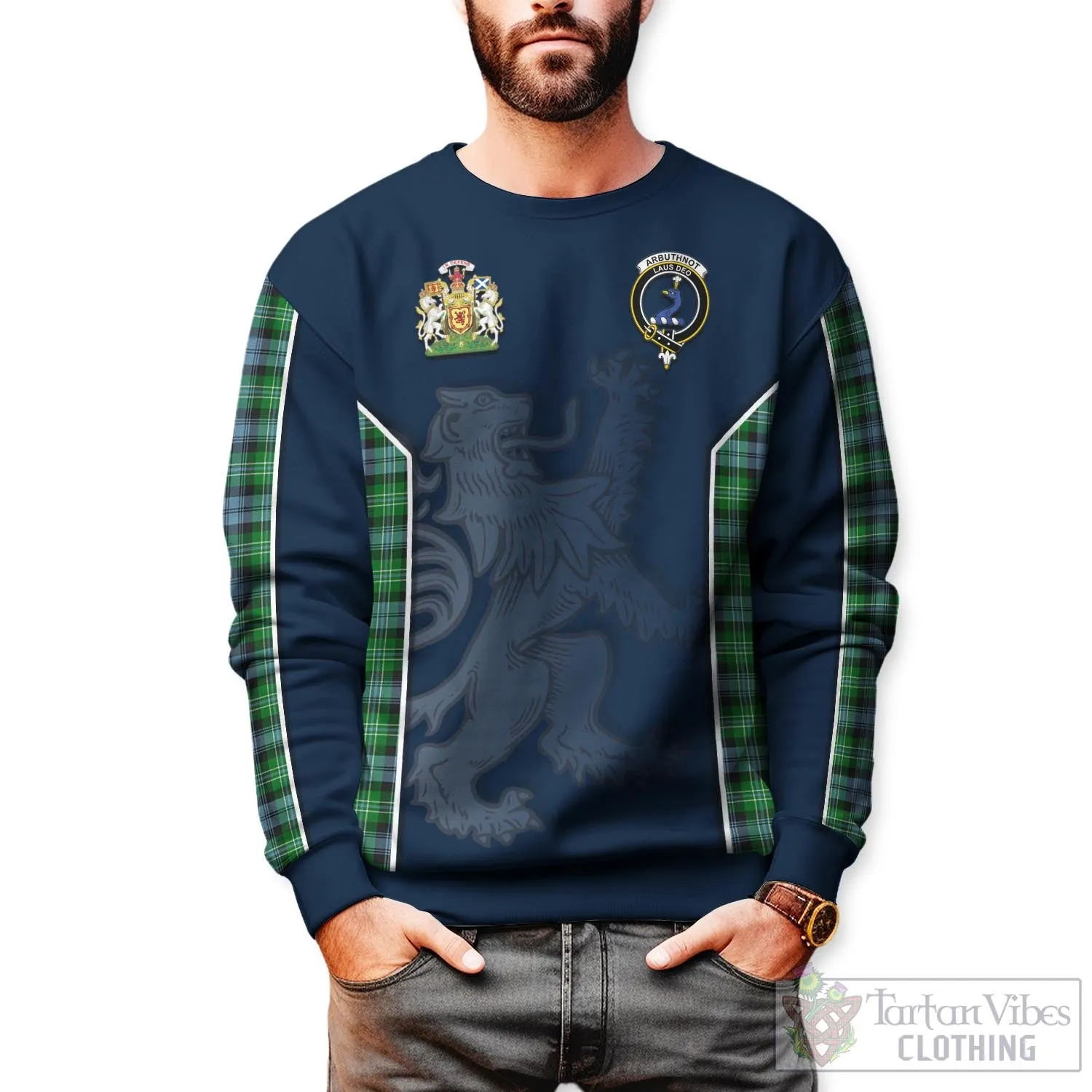 Arbuthnot Ancient Tartan Sweater with Family Crest and Lion Rampant Vibes Sport Style