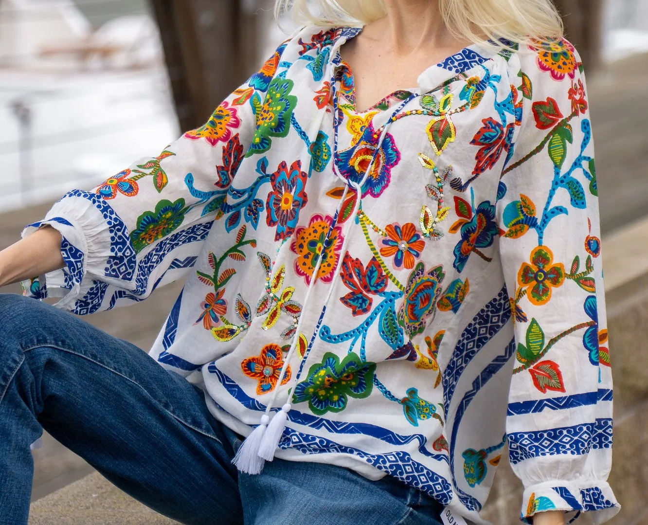 Artisan White Embroidered Floral Short KikiSol Tassel Top