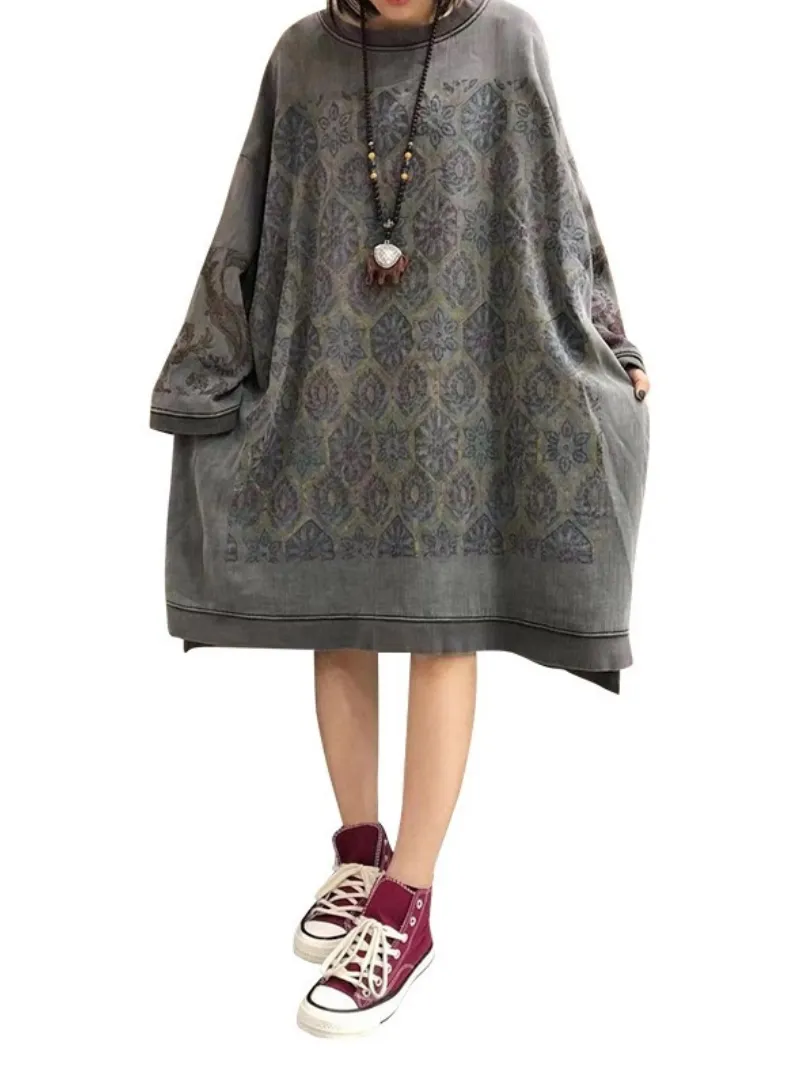 autumn print loose large size mid-length sweater dress