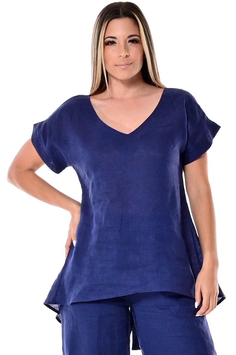 Azucar 100% Linen Ladies Short Sleeve V-Neck Hi-Low Blouse - LLB1382