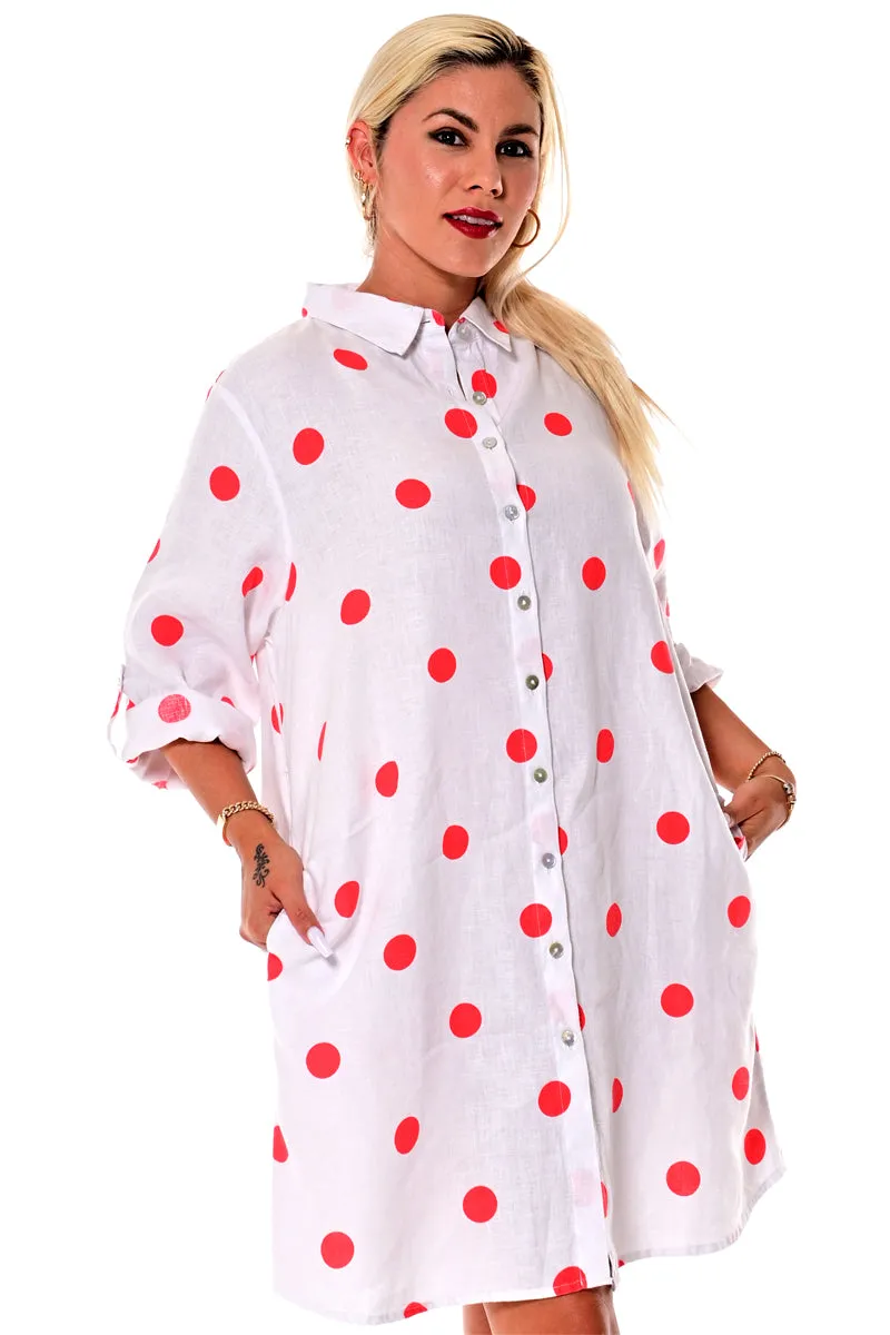 Azucar 100% Linen Long Sleeve Button Down Tunic Dress with Polka Dots-LLB1330