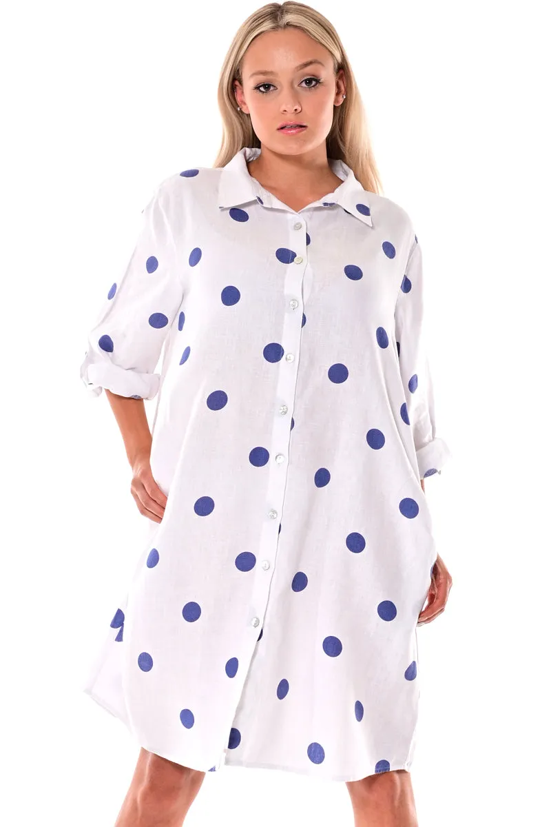 Azucar 100% Linen Long Sleeve Button Down Tunic Dress with Polka Dots-LLB1330