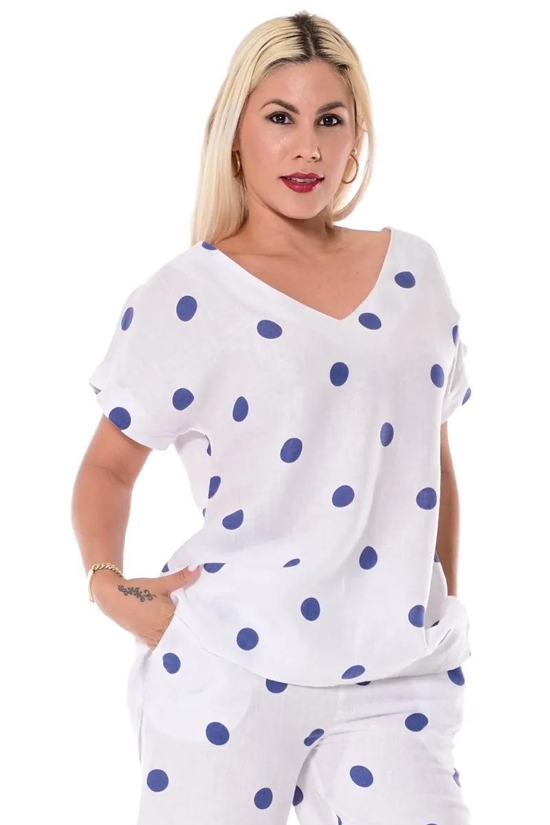 Azucar 100% Linen Short Sleeve V-neck Tunic w/High-Low Hem & Polka-Dots -LLB1726