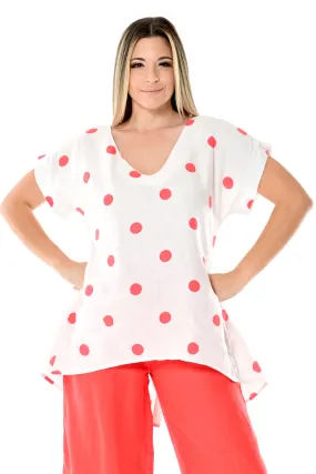 Azucar 100% Linen Short Sleeve V-neck Tunic w/High-Low Hem & Polka-Dots -LLB1726