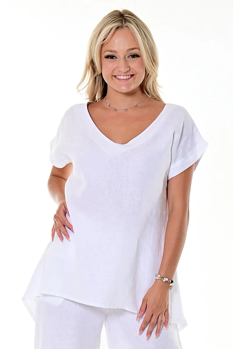 Azucar Ladies 100% Linen Short Sleeve V-neck with Hi-Low Hem in (3) Colors-LLWB110