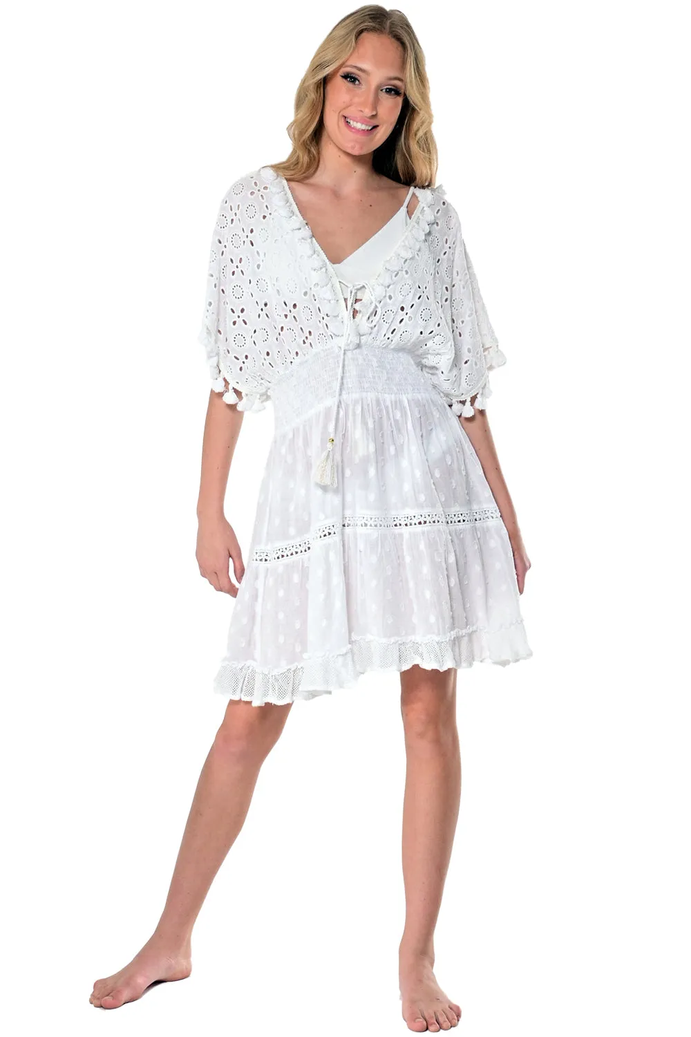 Azucar Ladies Cotton Short Length Beach Dress w/Eyeletted Fabric in White -LCT1757