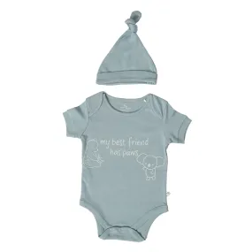 Baby “My Best Friend Has Paws” Short Sleeves Bodysuit With An Organic Cotton Cap - Dusty Blue