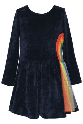 Baby Sara Rainbow Trim L/S Navy Sweater Dress