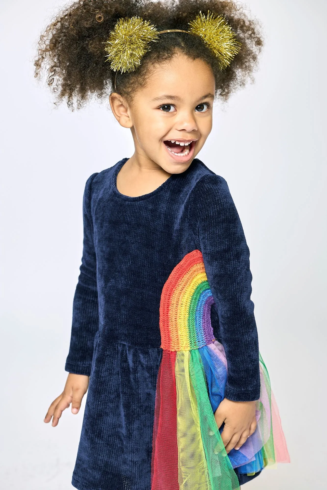 Baby Sara Rainbow Trim L/S Navy Sweater Dress