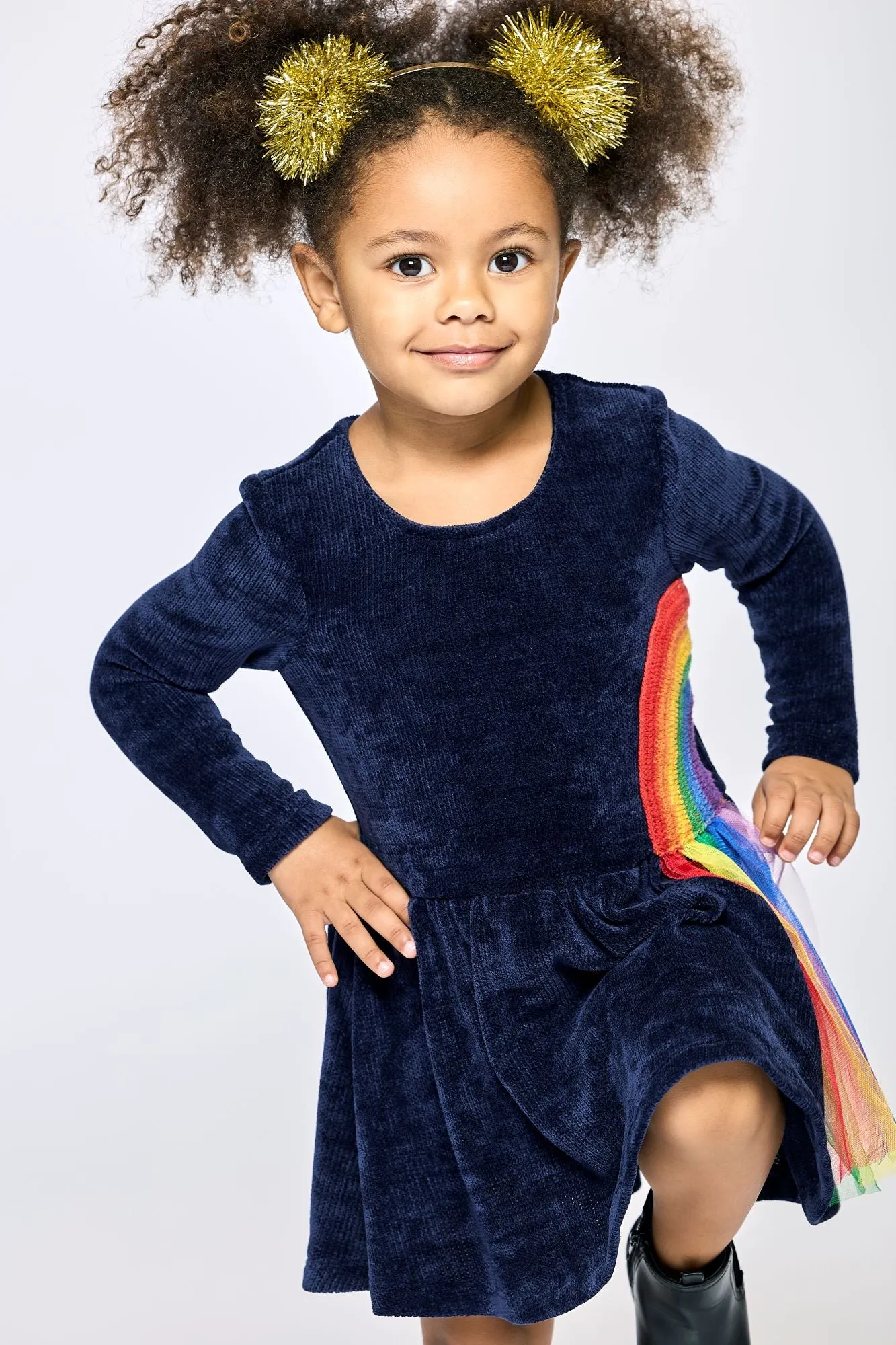 Baby Sara Rainbow Trim L/S Navy Sweater Dress