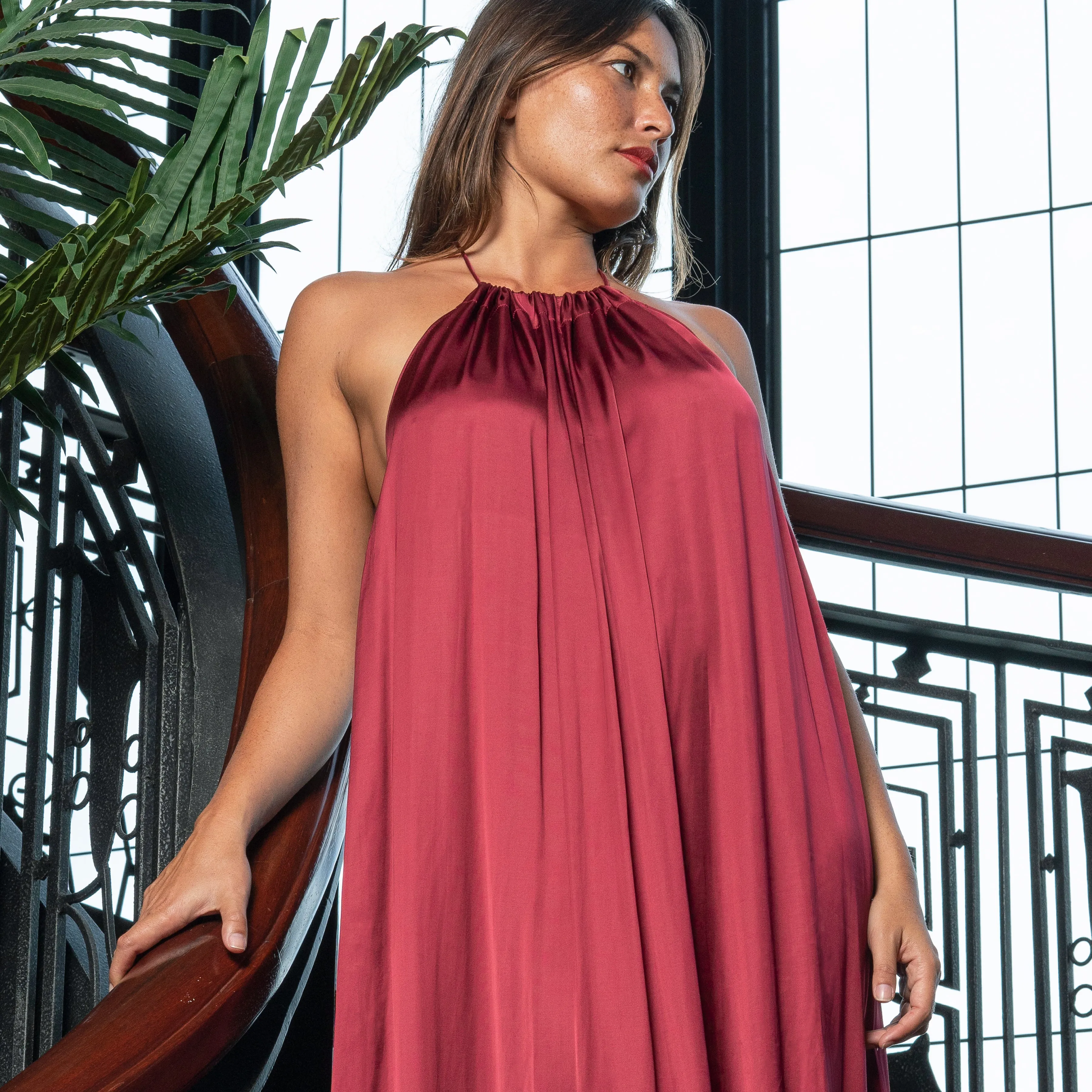 BACKLESS V LONG HALTER DRESS - Viscose Satin | Burgundy