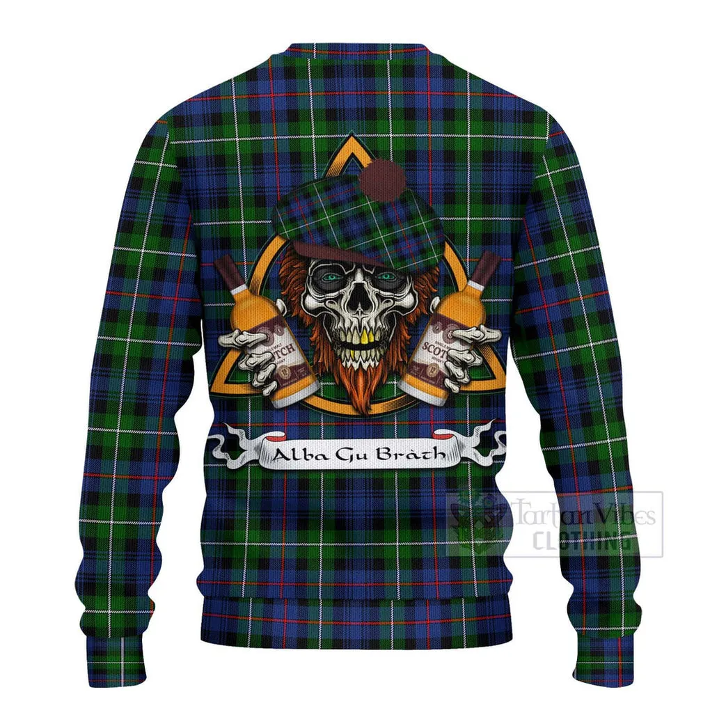 Baillie (Bailey) Tartan Ugly Sweater with Family Crest and Bearded Skull Holding Bottles of Whiskey