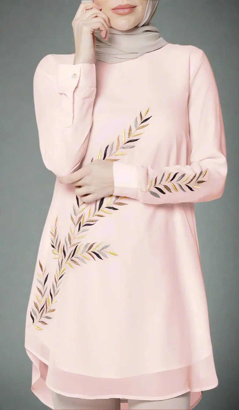 Baraka Gold Embroidered Formal Long Modest Tunic - Blush