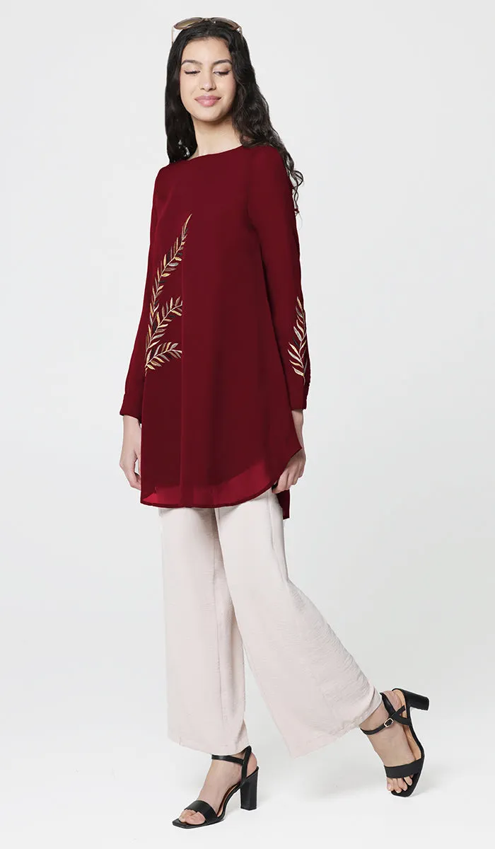 Baraka Gold Embroidered Formal Long Modest Tunic - Ruby - PREORDER (ships in 2 weeks)