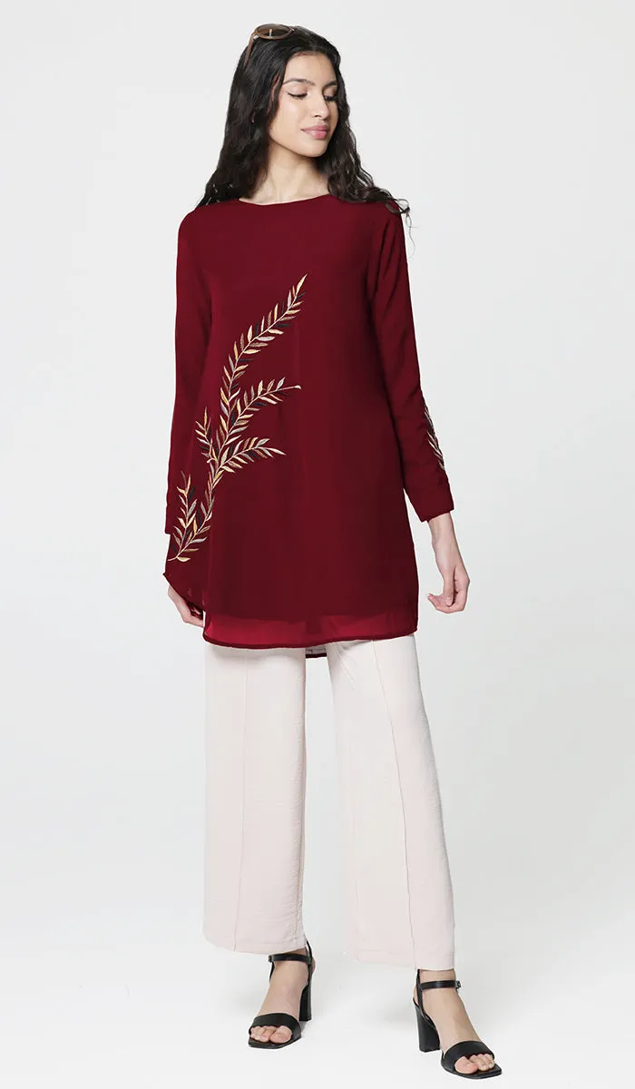 Baraka Gold Embroidered Formal Long Modest Tunic - Ruby - PREORDER (ships in 2 weeks)