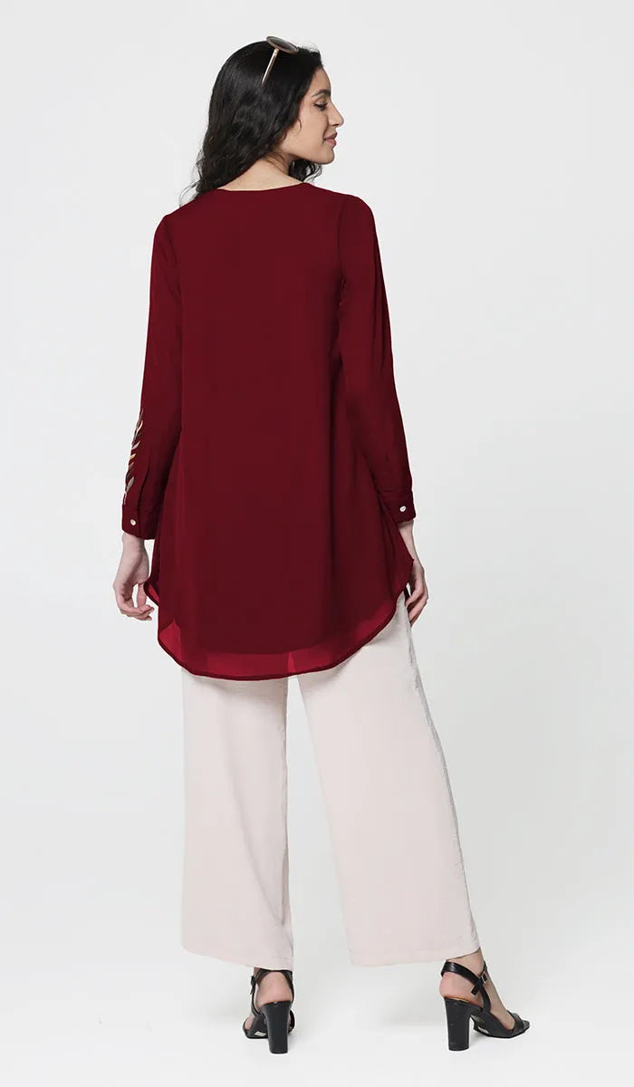 Baraka Gold Embroidered Formal Long Modest Tunic - Ruby - PREORDER (ships in 2 weeks)