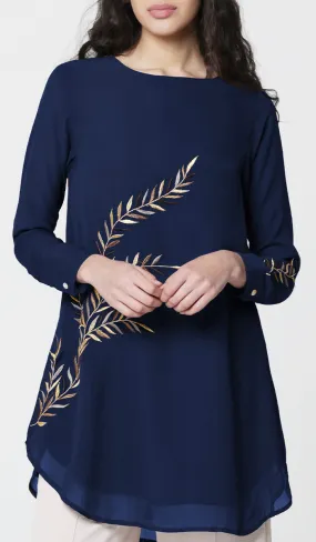 Baraka Gold Embroidered Formal Long Modest Tunic - Sapphire - PREORDER (ships in 2 weeks)