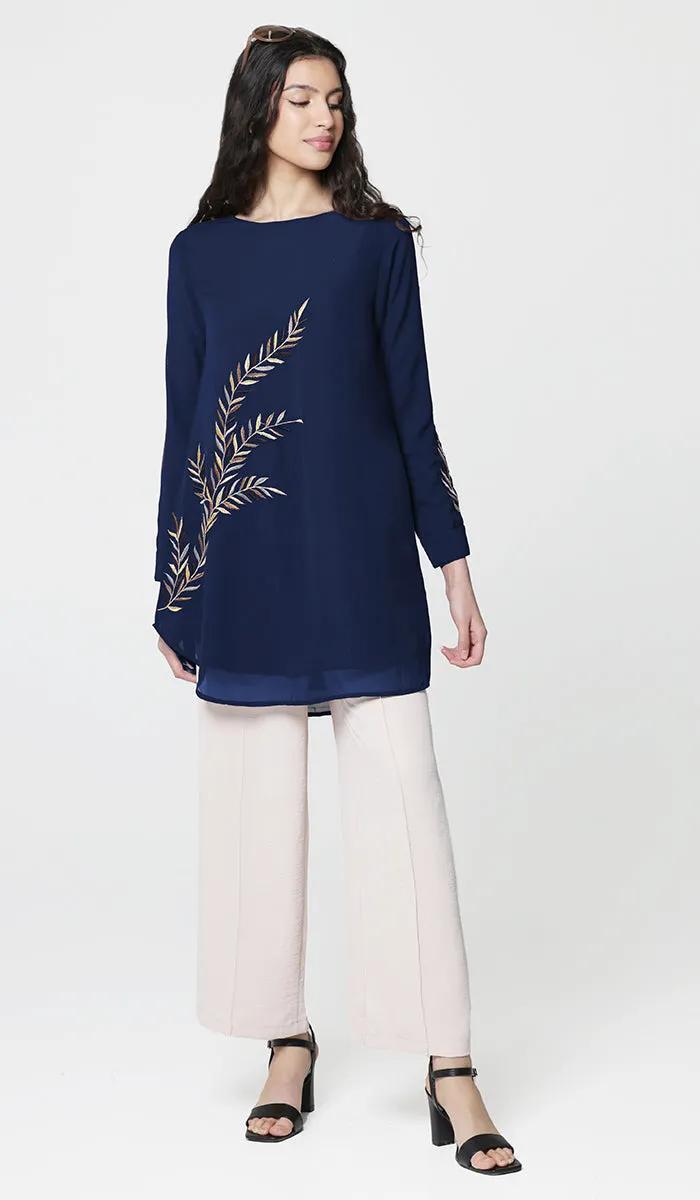 Baraka Gold Embroidered Formal Long Modest Tunic - Sapphire