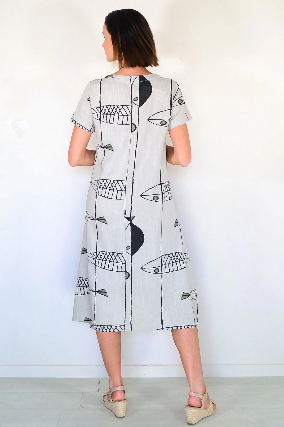 Beige Linen Cotton Print Tunic Dress