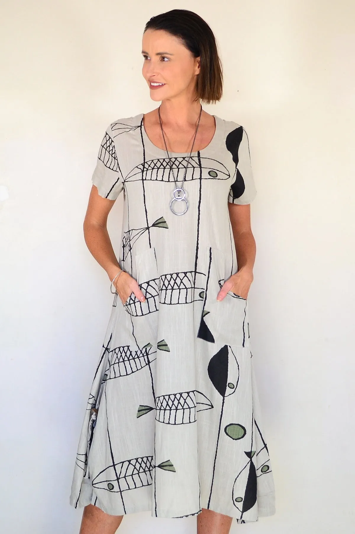 Beige Linen Cotton Print Tunic Dress