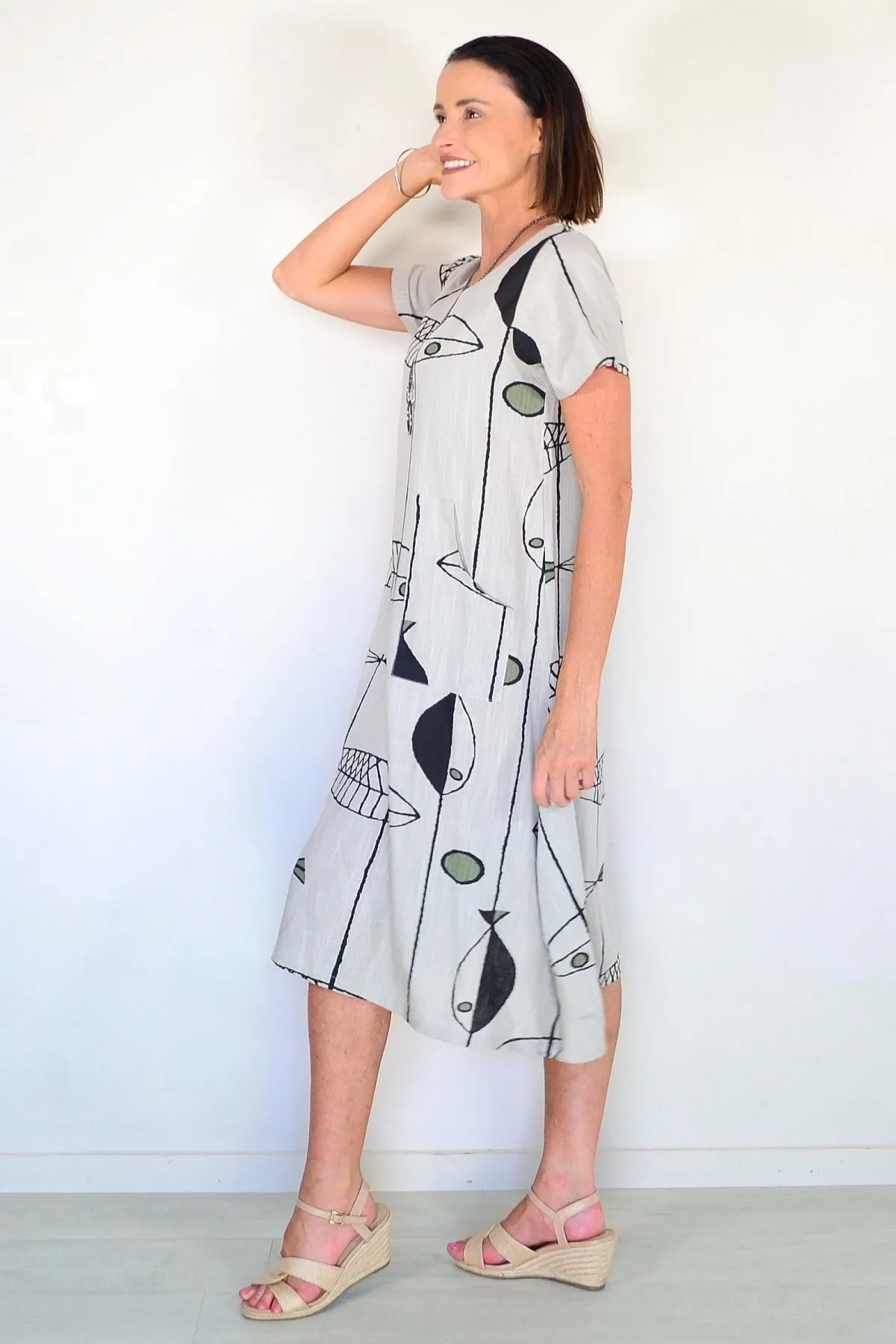 Beige Linen Cotton Print Tunic Dress