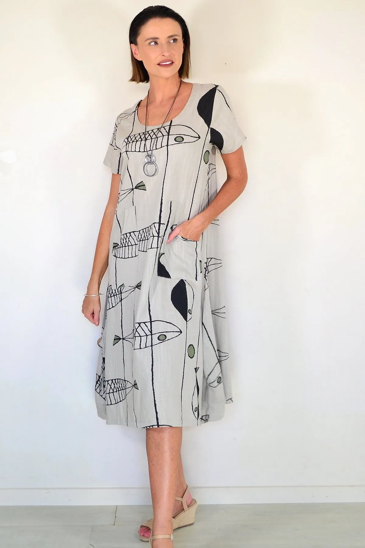 Beige Linen Cotton Print Tunic Dress