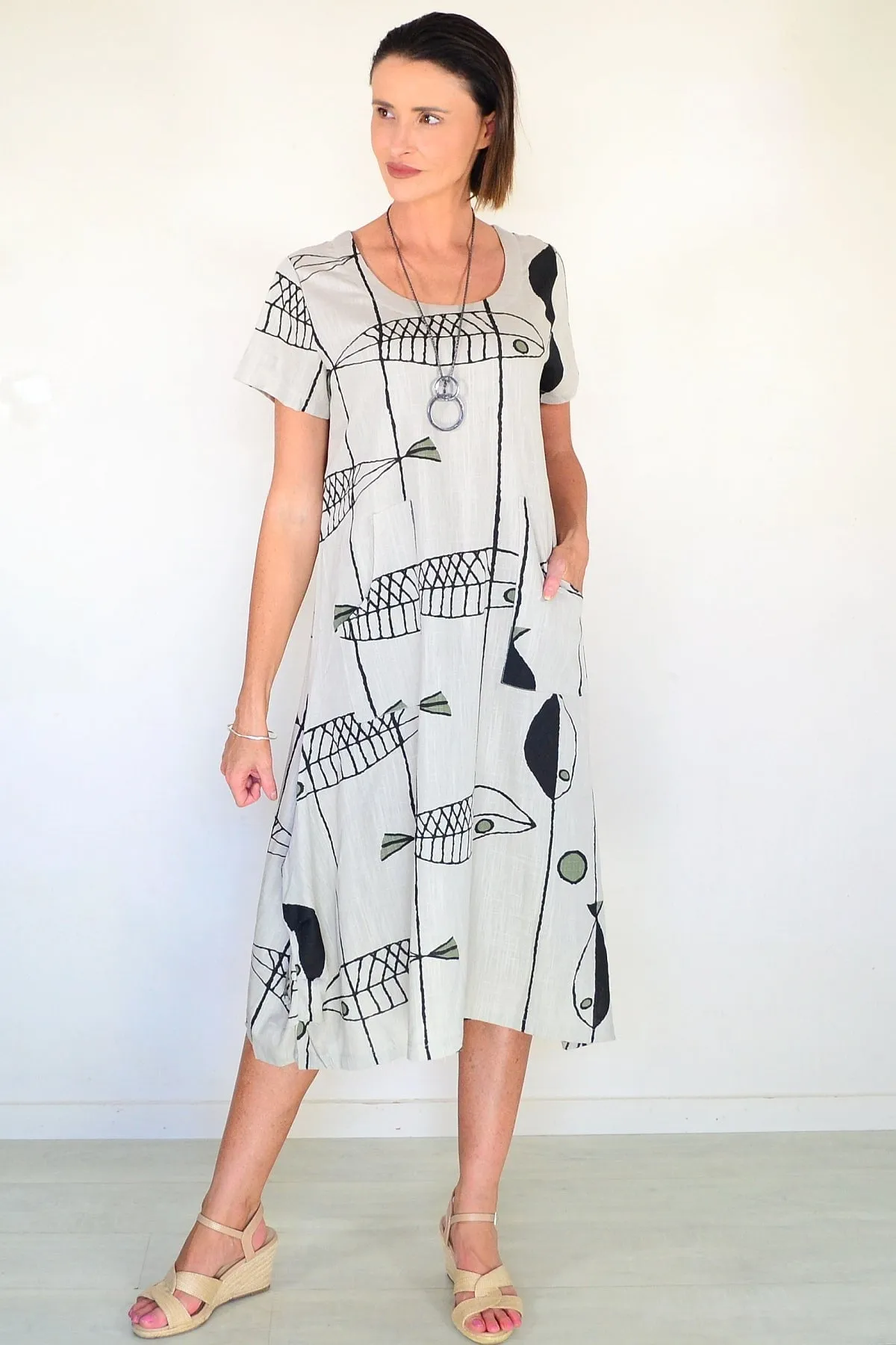 Beige Linen Cotton Print Tunic Dress