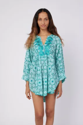 Belen Dolman Sleeve Hand Embroidered Swiss Dot Tunic in Moroccan Tile