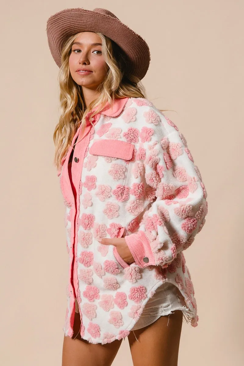 BiBi OVERSIZED Floral Jacquard Mix n Match Fleece and Corduroy Shacket in Pink/Blush