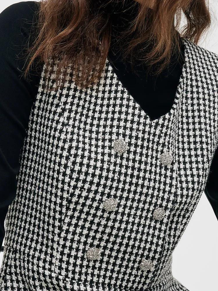 Black And White Houndstooth Vest Dress And Mock Neck Sweater Two-Piece Suit