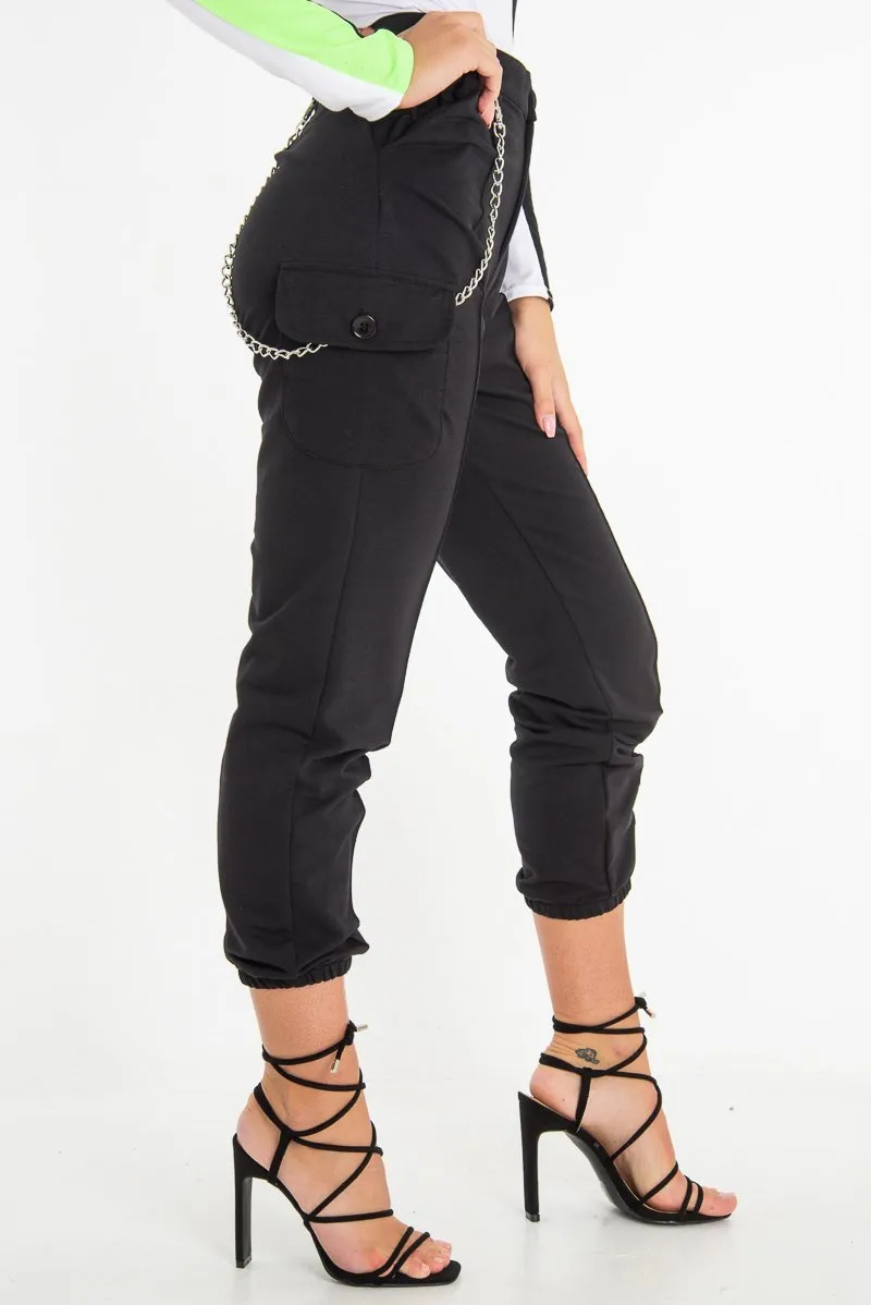 Black Chain Detail Utility Pocket Cargo Trousers - Elinor