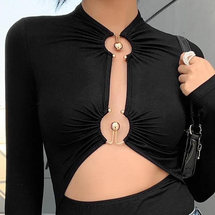 Black Chic Golden Buckles Long Sleeved Slim Bodysuit