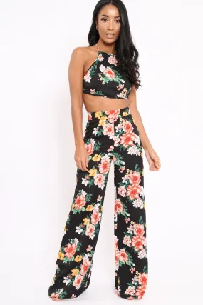 Black Floral High Waist Flare Trousers -Tisha