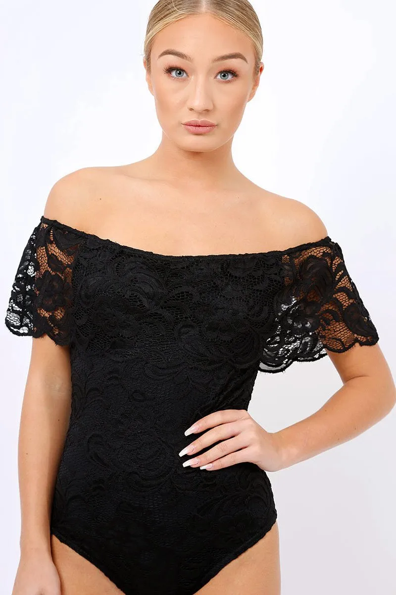 Black Lace Bardot Bodysuit - Rae