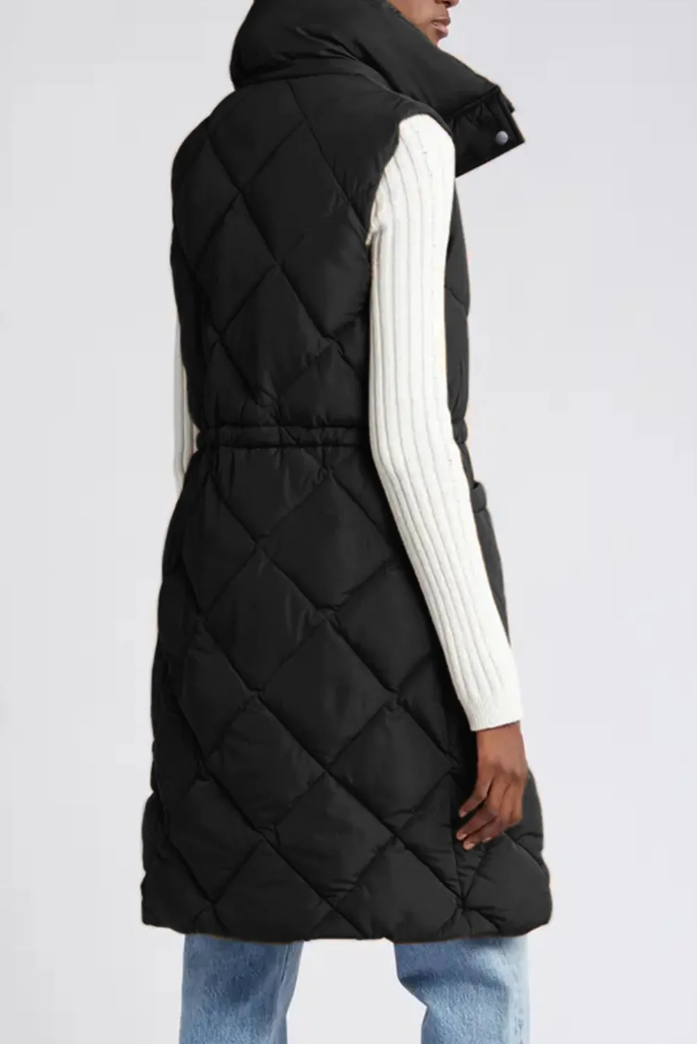 Black Longline Quilted Stand Collar Puffer Gilet